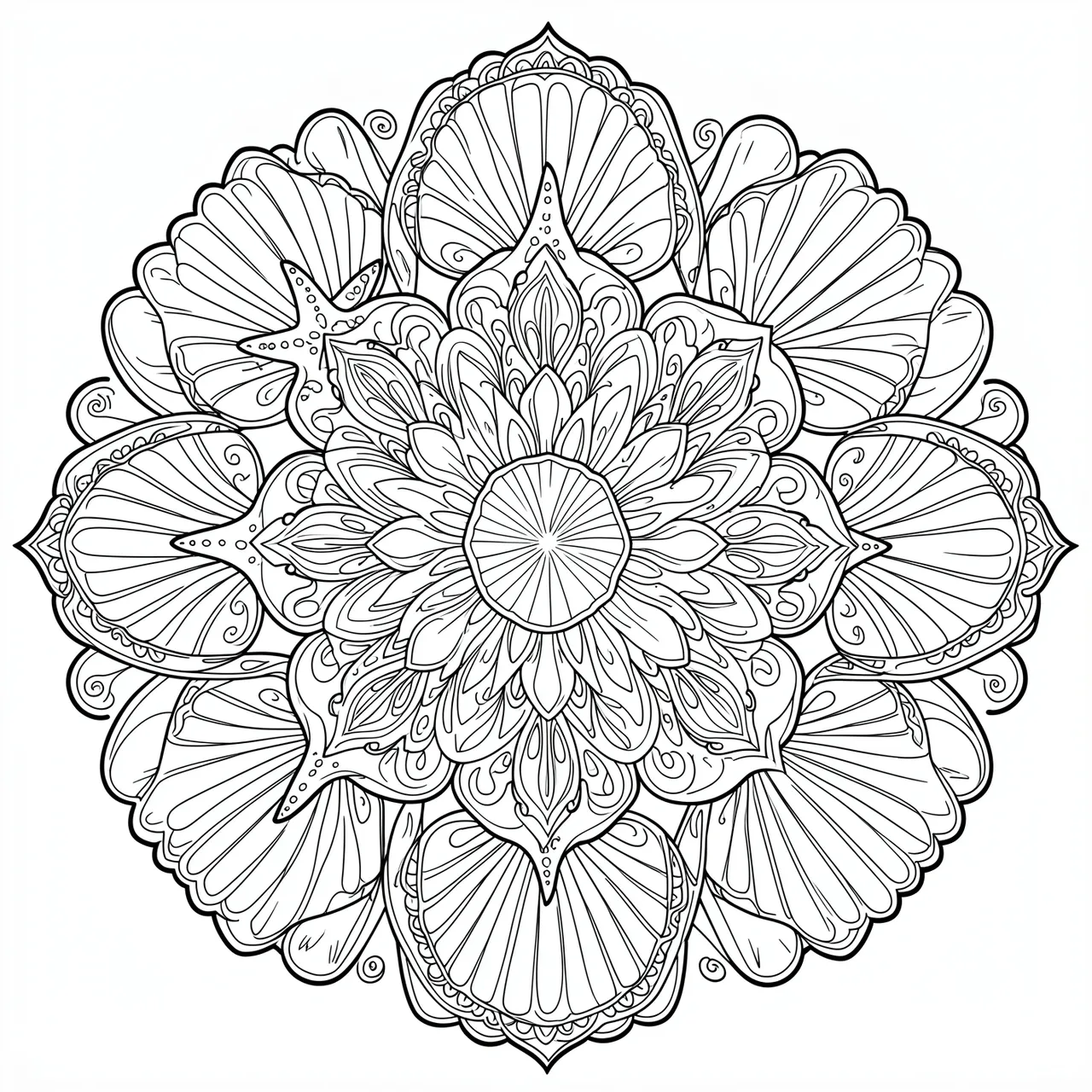 Intricate black and white line art mandala featuring seashells, starfish and decorative swirls on a plain white background
