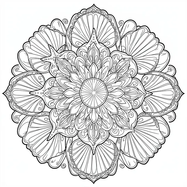 Intricate black and white line art mandala featuring seashells, starfish and decorative swirls on a plain white background
