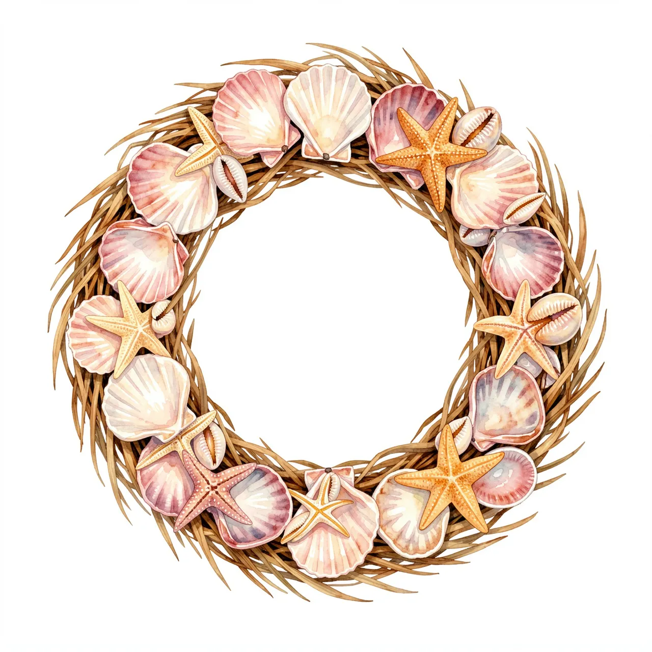 A circular watercolor wreath of dried sea grass decorated with scallops, cowrie shells and starfish on a plain white