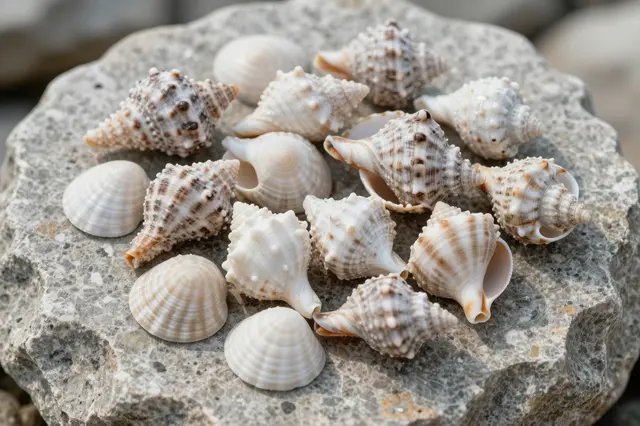 A collection of spiky and smooth seashells rests arranged on a weathered limestone rock in soft daylight.