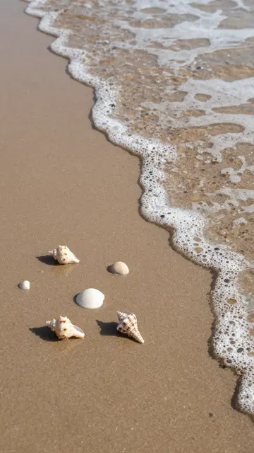 Seashells rest on smooth wet sand as a foamy gentle tide approaches up the beach.