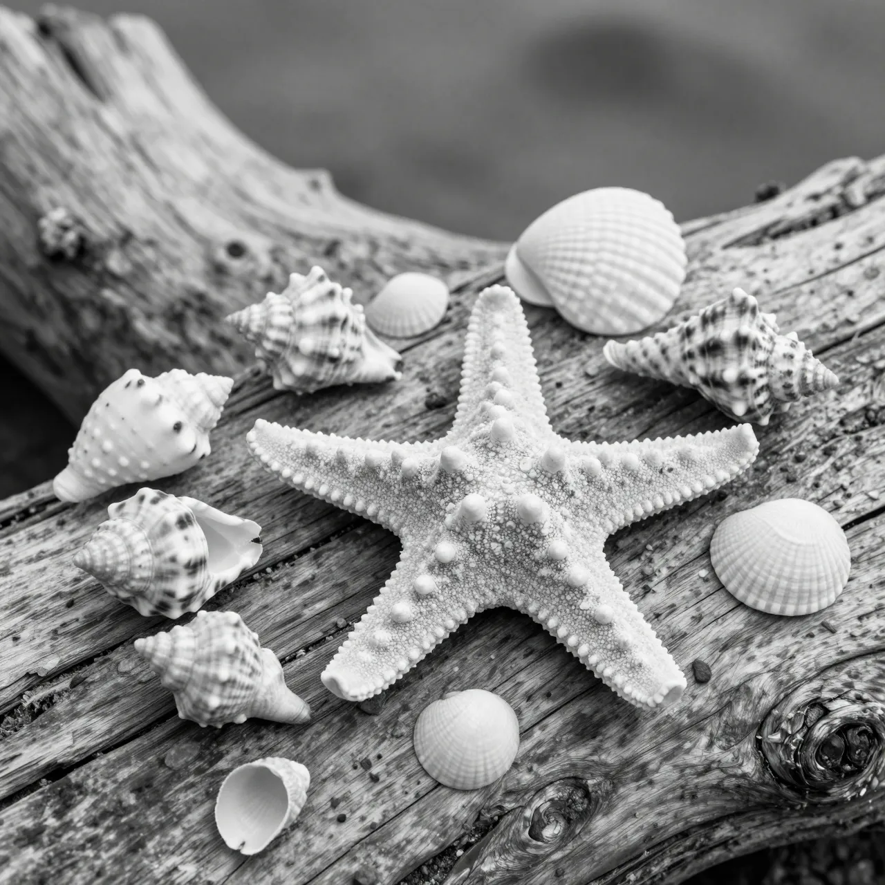 Black and white still life of a spiny starfish and assorted seashells arranged on weathered driftwood.