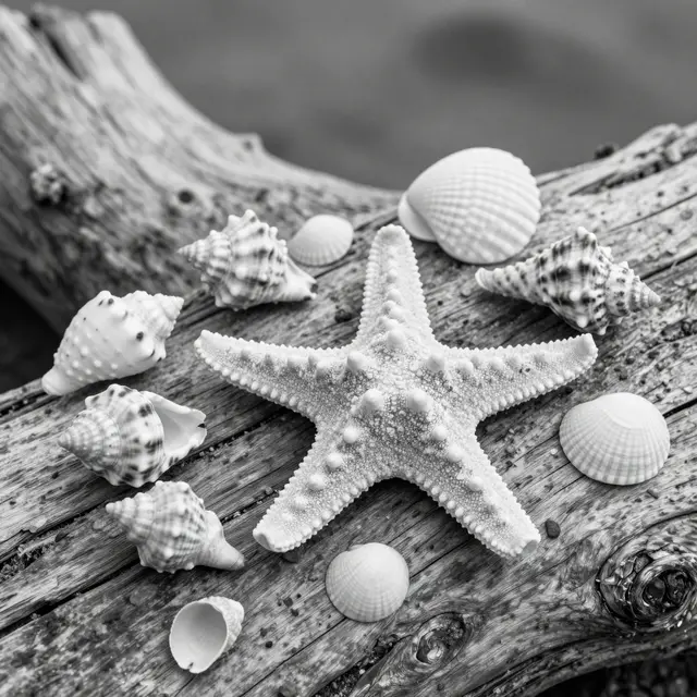 Black and white still life of a spiny starfish and assorted seashells arranged on weathered driftwood.