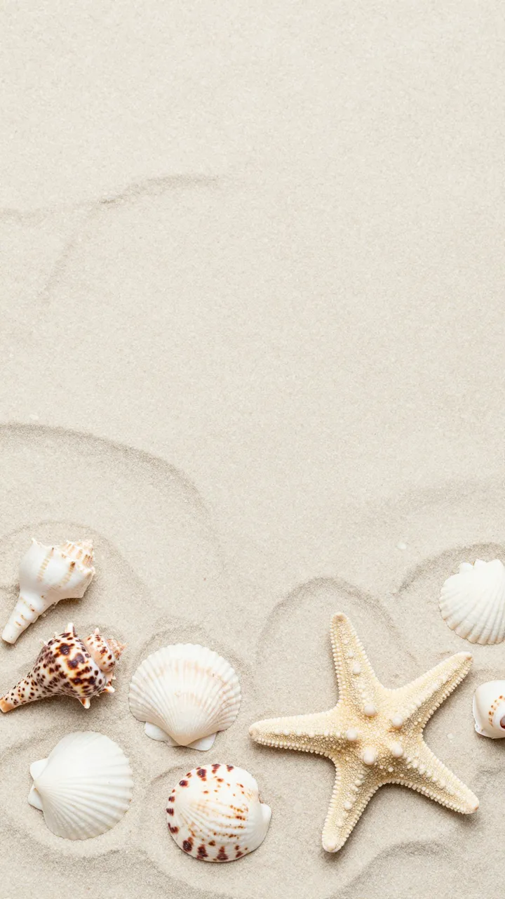 A pale sand backdrop with assorted seashells and a starfish arranged along the bottom edge, with empty copy space above.