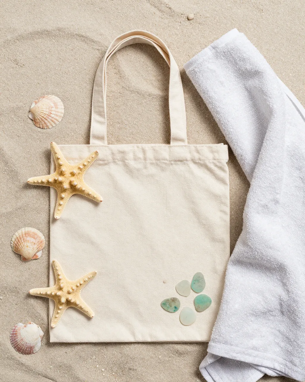 Flat lay of a canvas tote bag, starfish, shells, sea glass and towel on pale beach sand