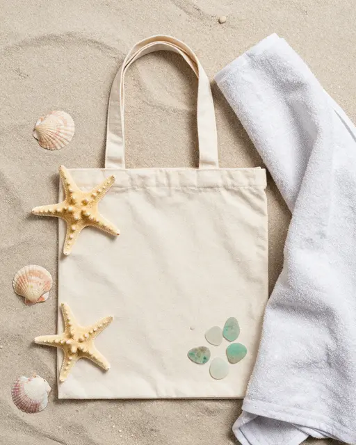 Flat lay of a canvas tote bag, starfish, shells, sea glass and towel on pale beach sand