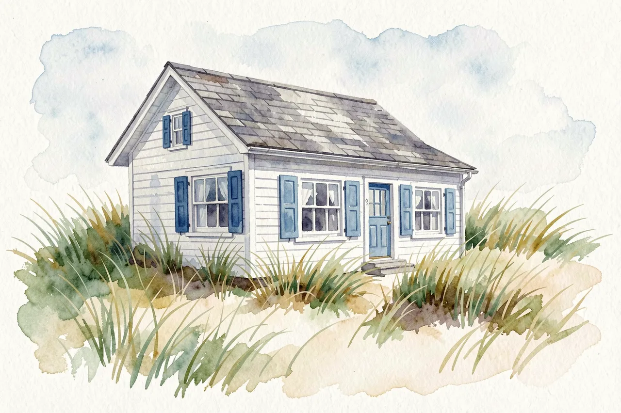 Loose watercolor painting of a whitewashed seaside cottage with blue shutters perched on grassy sand dunes beneath a soft