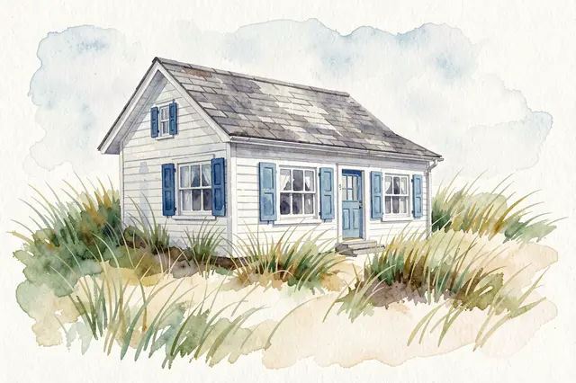 Loose watercolor painting of a whitewashed seaside cottage with blue shutters perched on grassy sand dunes beneath a soft
