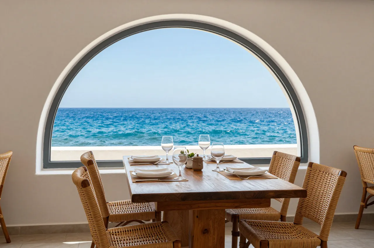 Set olive wood dining table with wicker chairs sits in front of an arched window overlooking the blue Mediterranean sea.