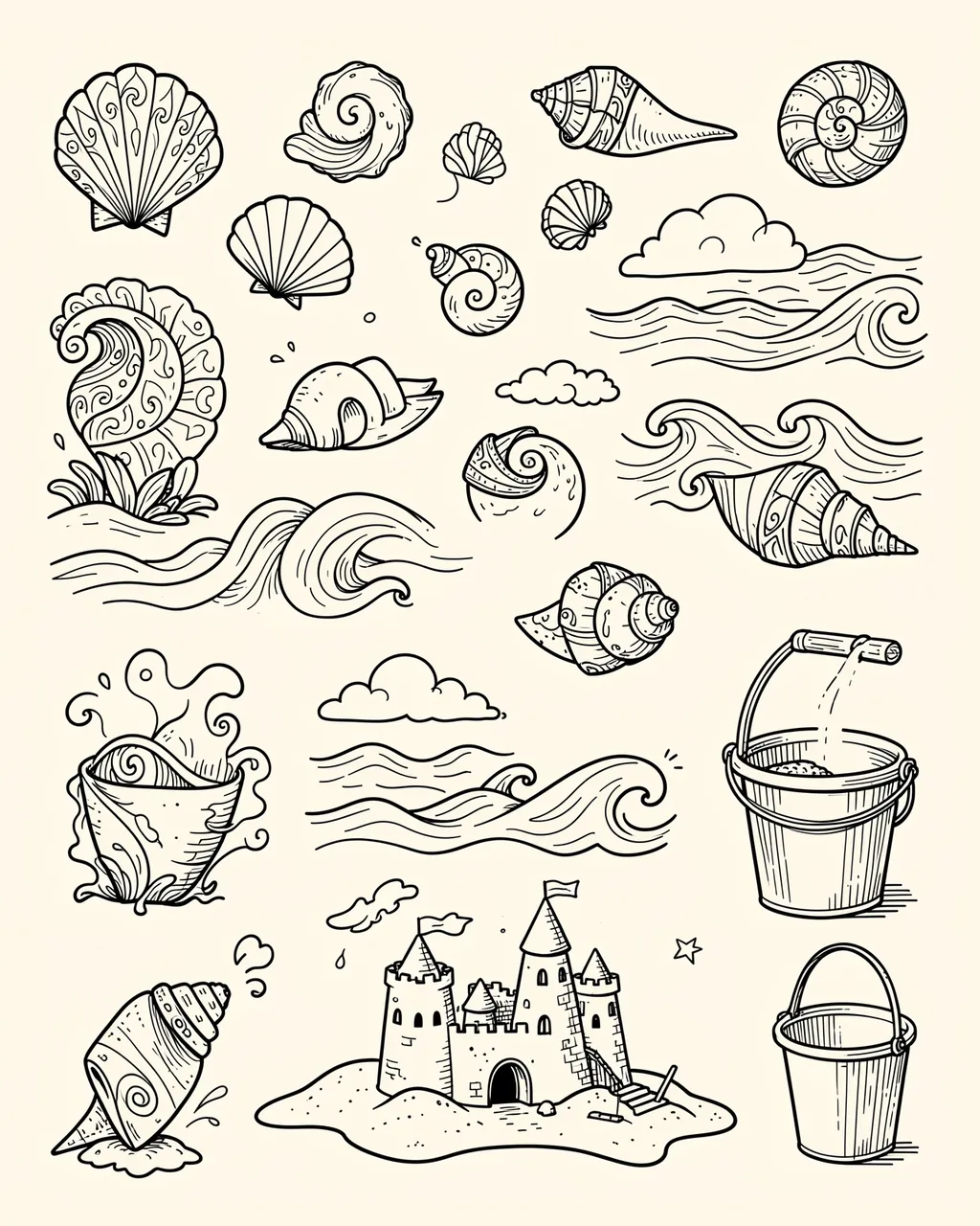Thin whimsical black line doodles of seashells, waves, sandcastles and beach buckets on an ivory background