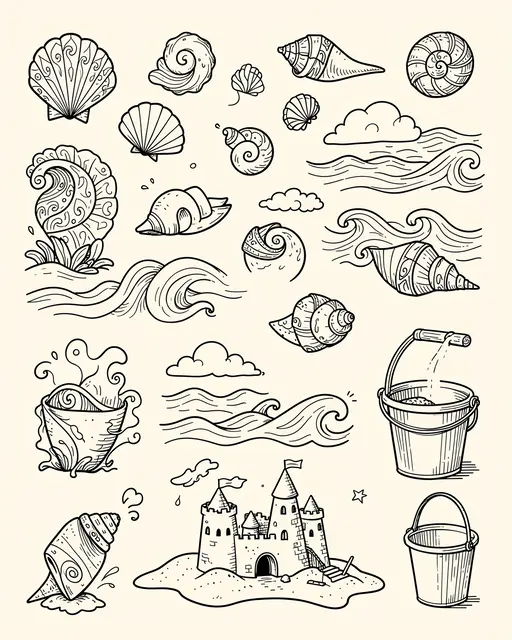 Thin whimsical black line doodles of seashells, waves, sandcastles and beach buckets on an ivory background
