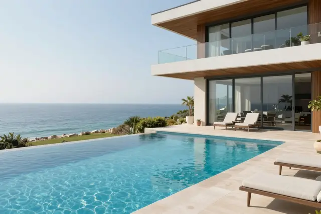 A contemporary coastal villa sits beside an infinity pool overlooking calm blue ocean under clear skies