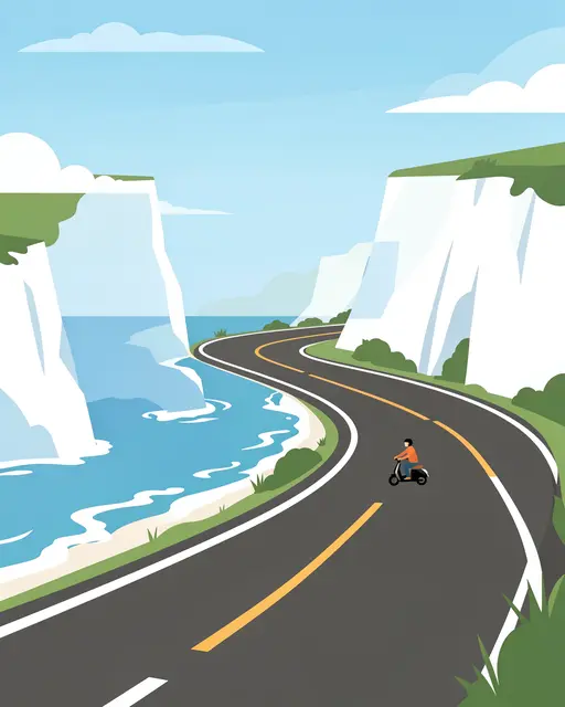 A person rides a scooter along a winding coastal road between white chalk cliffs and the ocean.