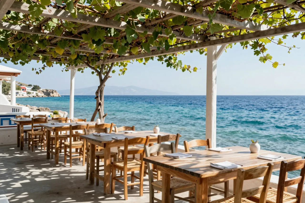 Empty wooden tavern tables sit under a vine-covered pergola beside a bright turquoise Greek sea