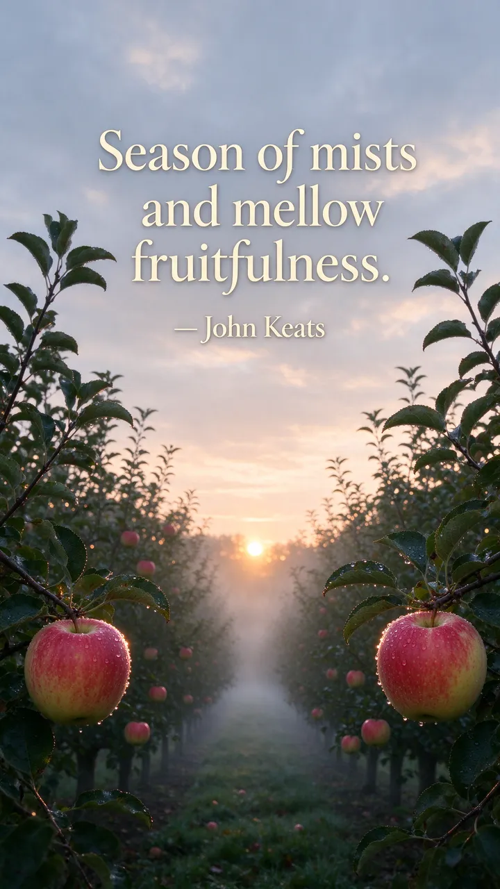 A misty dawn apple orchard with glowing golden sunrise and the quote "Season of mists and mellow fruitfulness. — John Keats"