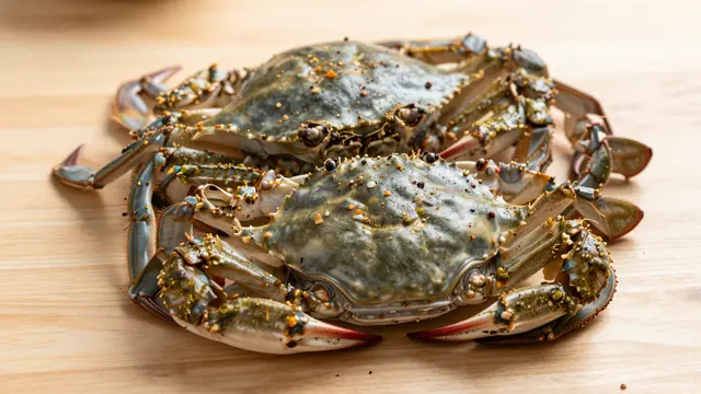 Two spiced blue crabs rest on a light wooden table surface