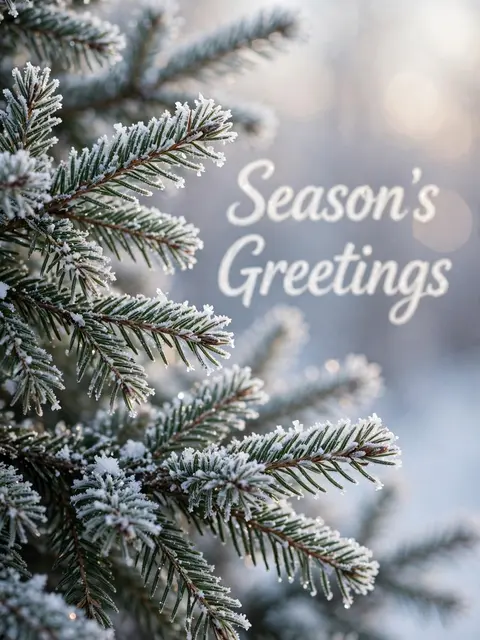 Frosted evergreen pine branches sit beside the legible text "Season's Greetings" in soft winter bokeh light