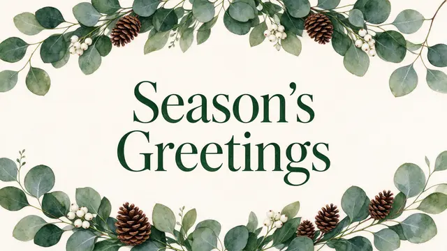 "Season's Greetings" text centered between watercolor eucalyptus garland borders on a cream background