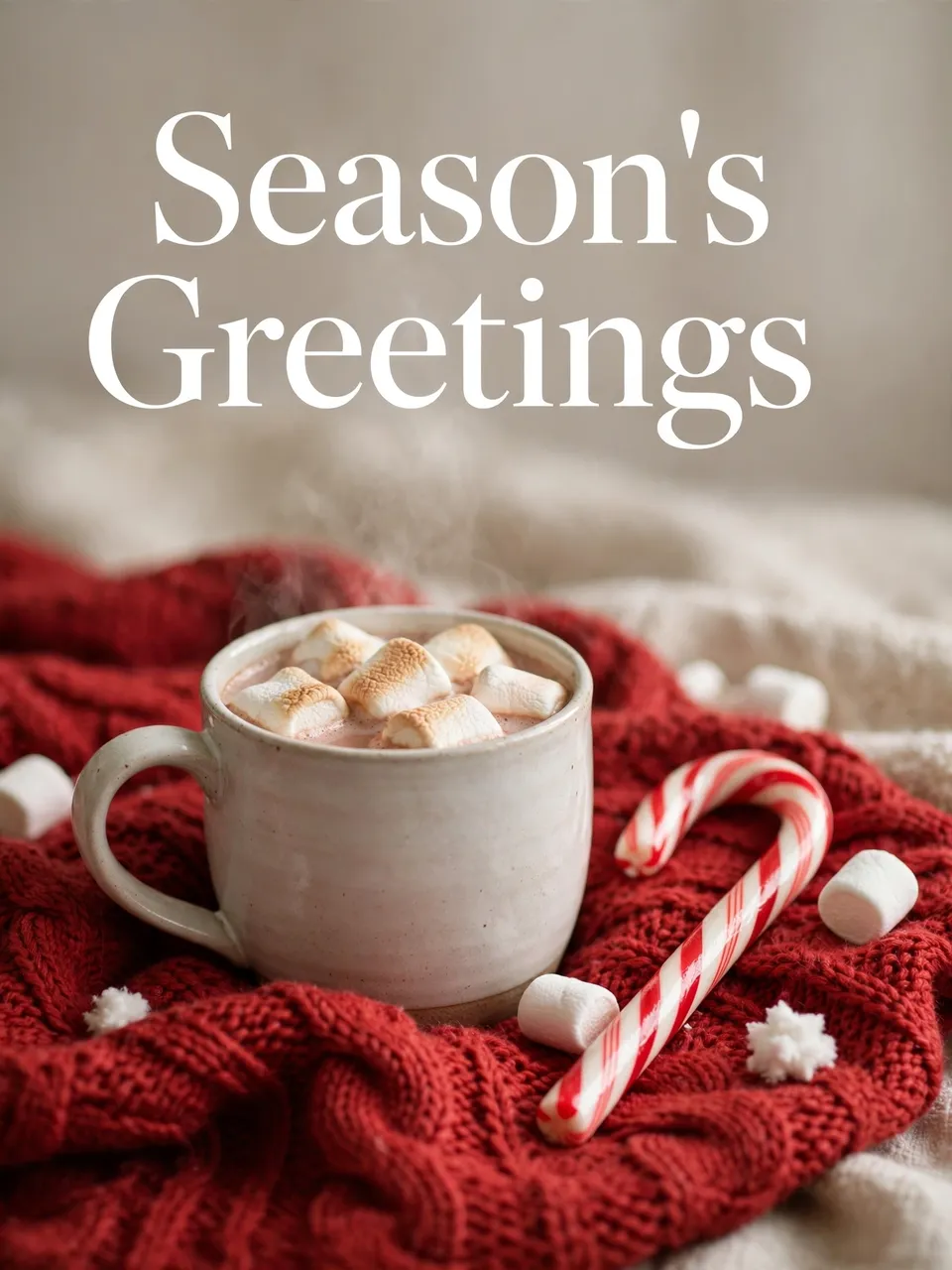 The text "Season's Greetings" sits above a mug of hot cocoa with marshmallows and a candy cane on a red knitted blanket.