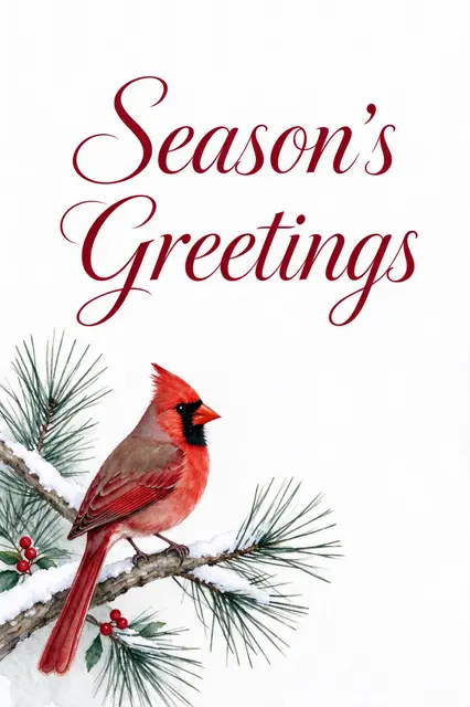Watercolor illustration showing a red cardinal on a snowy pine branch with elegant dark red text reading "Season's