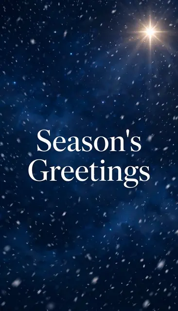 "Season's Greetings" in white serif text centered on a navy snowy night sky with a glowing star in the top corner