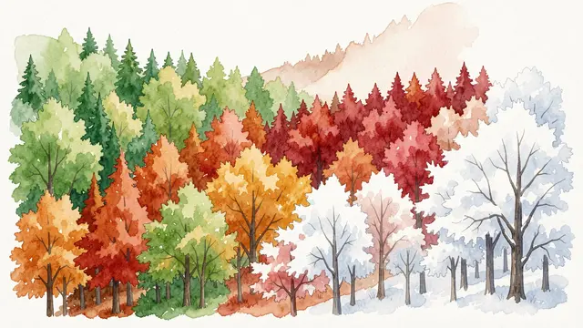 Watercolor hillside forest gradient shifts from spring green to autumn red to winter white