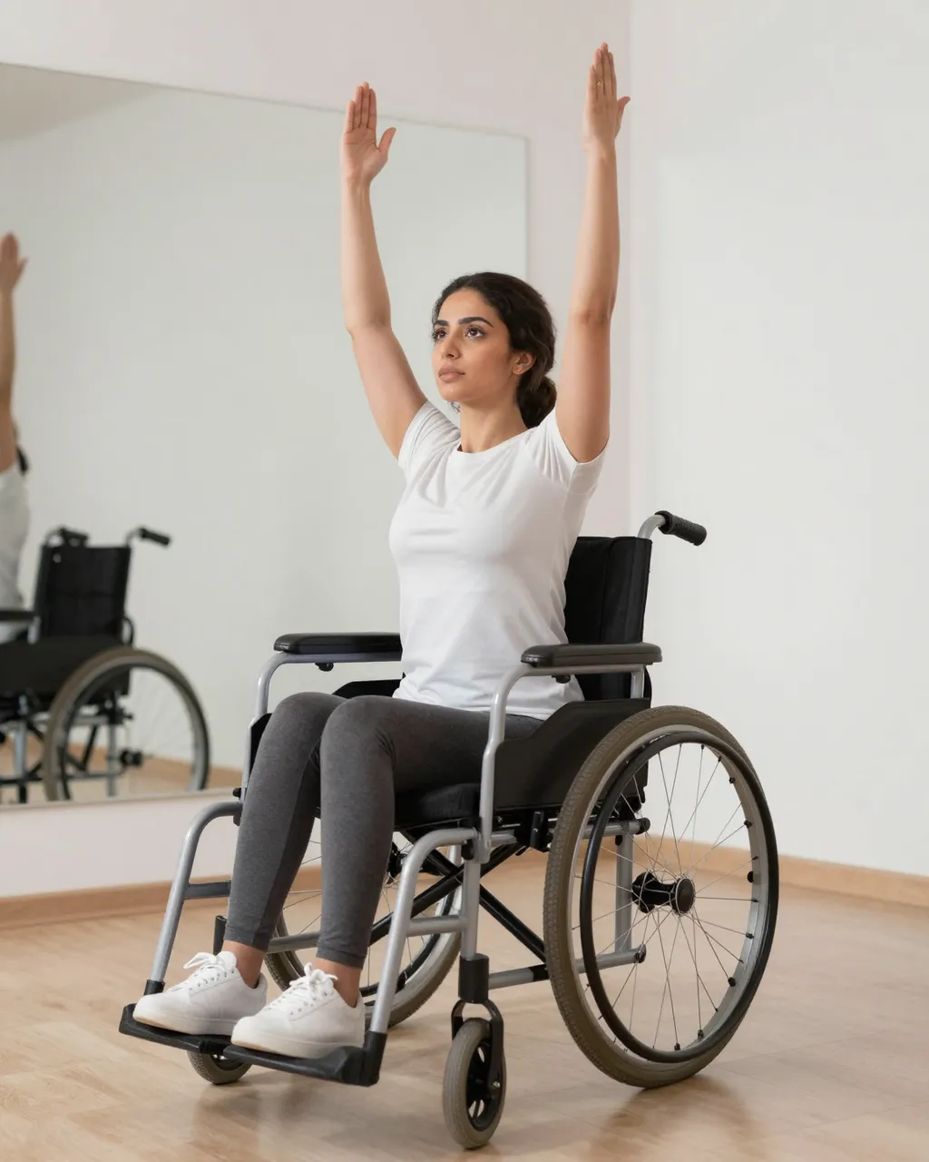 A woman in a wheelchair raises both arms overhead doing seated yoga in a bright studio.