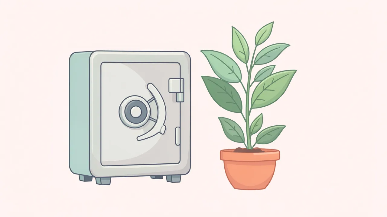 A pastel line art vector illustration of a sturdy combination safe next to a leafy potted houseplant