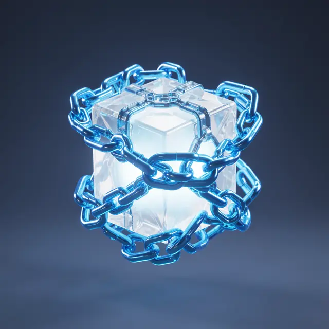 Translucent glowing floating cube wrapped in glossy glowing blue chains against a dark blue gradient background
