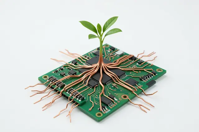A small green seedling with copper root traces sprouts from a green printed circuit board on a plain light background