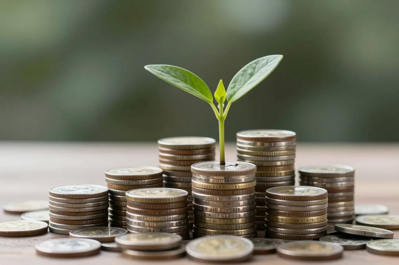 A small green seedling grows from a stack of coins surrounded by other coin piles on a wooden table