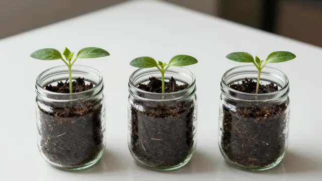 Three glass jars with young seedlings rest in a neat row on a plain white table