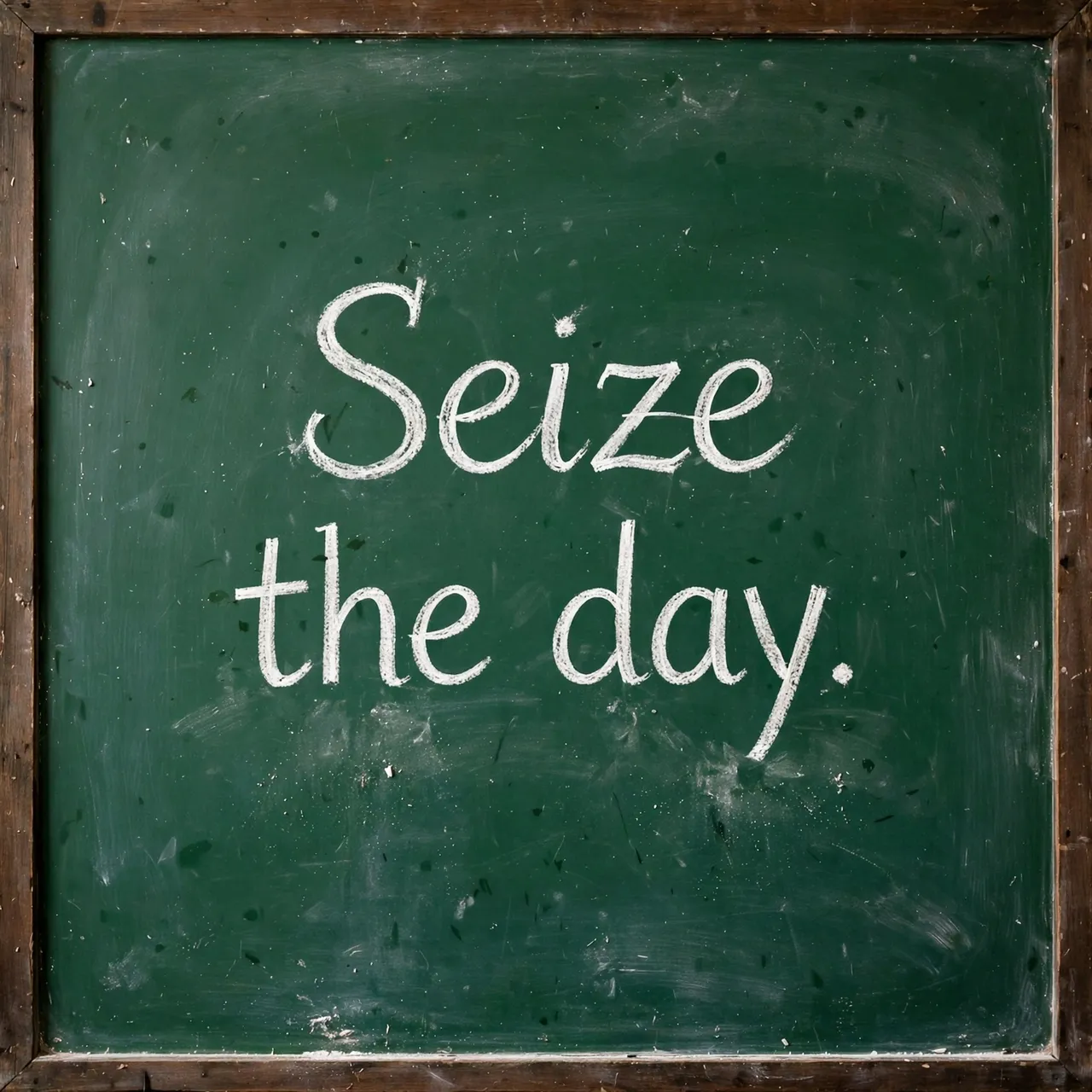 White chalk hand lettering reading "Seize the day." centered on a worn green framed chalkboard