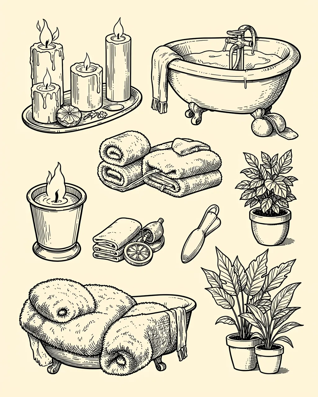 Black ink doodles of candles, bathtubs, towels and houseplants arranged on a warm cream background