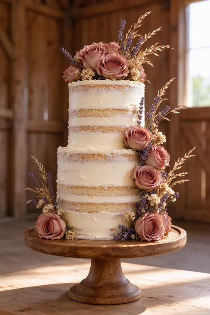 Two-tier semi-naked wedding cake with dried florals sits on a wooden stand in a sunlit barn