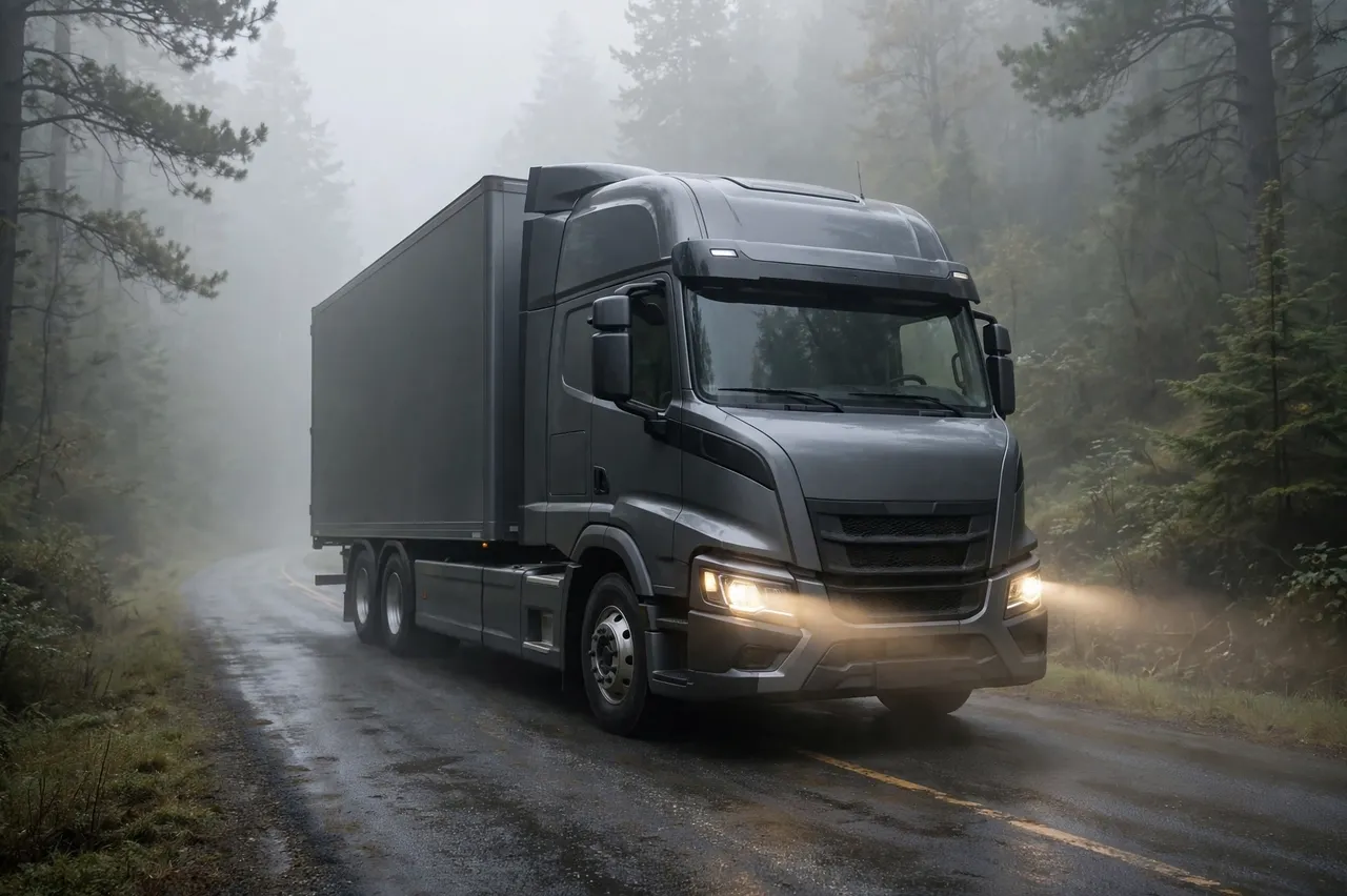 Dark gray modern semi truck with headlights on travels a wet foggy forest road in three-quarter front view