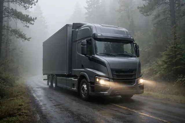 Dark gray modern semi truck with headlights on travels a wet foggy forest road in three-quarter front view
