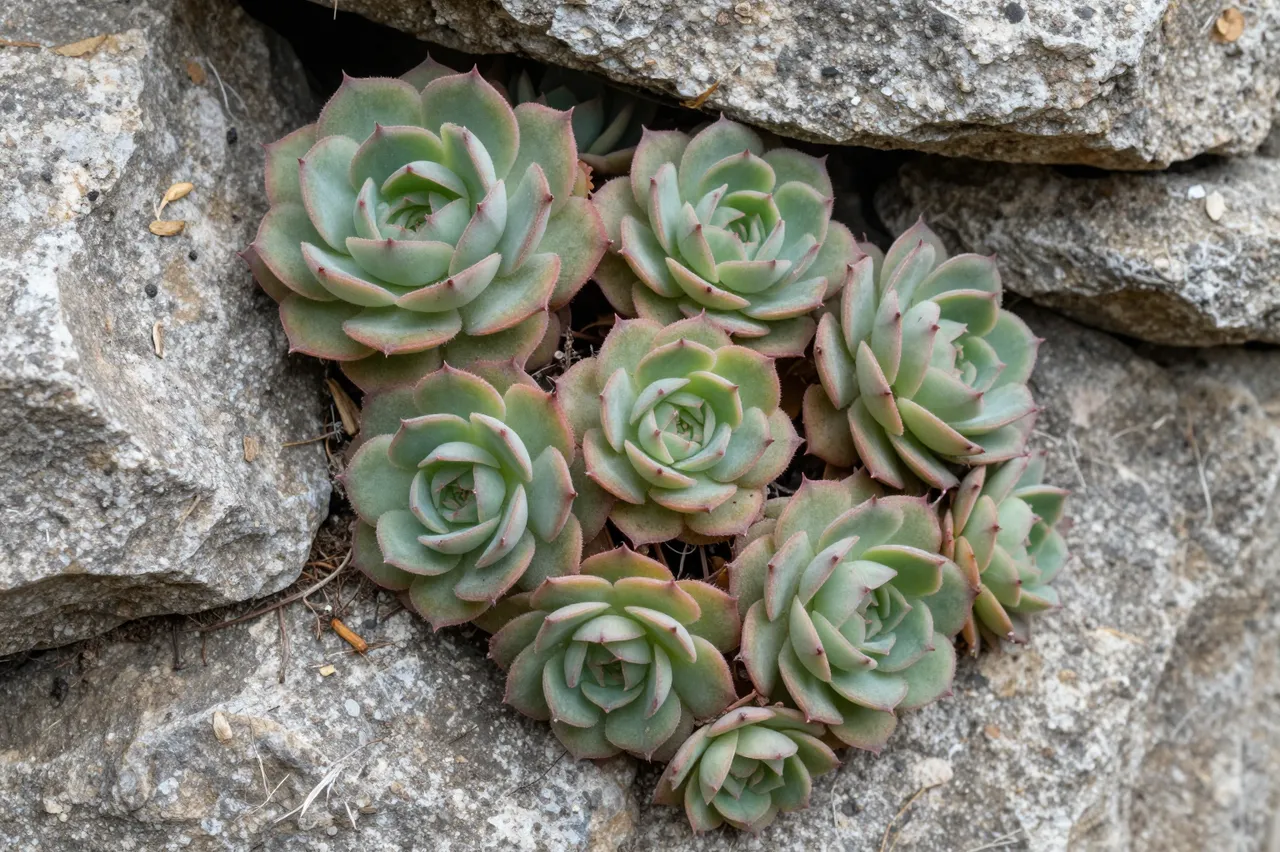 Echeveria-style sempervivum succulent rosettes grow clustered in a rough gray stone crevice.
