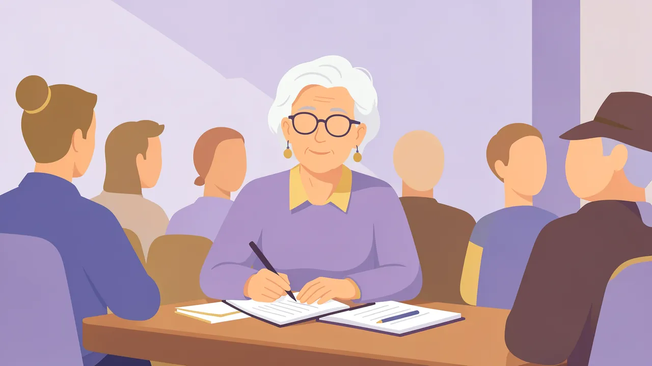 Older woman writes notes at a community lecture with other seated attendees around her