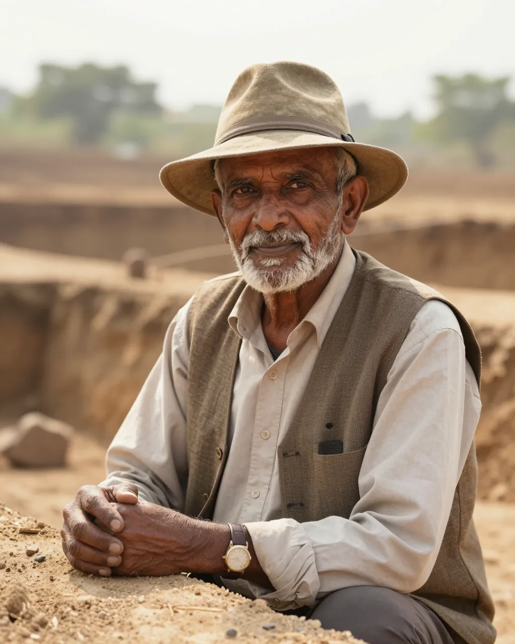 Older South Asian archaeologist in a canvas hat sits at an excavation site on a warm afternoon