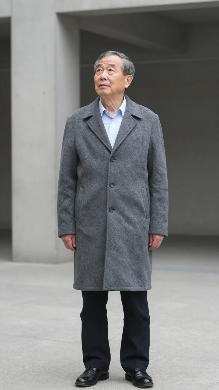 Older East Asian man in a gray overcoat stands in a concrete atrium looking upward.