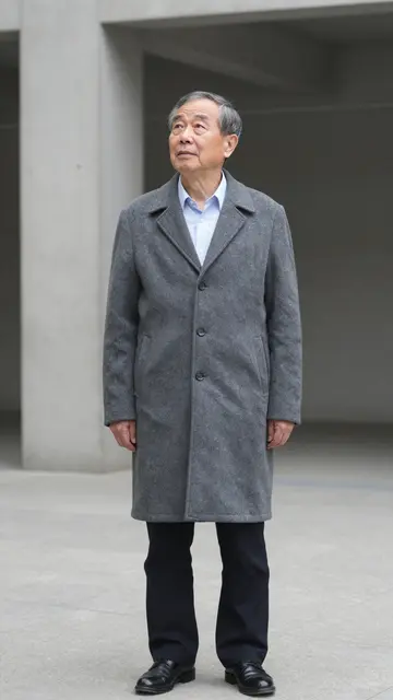 Older East Asian man in a gray overcoat stands in a concrete atrium looking upward.