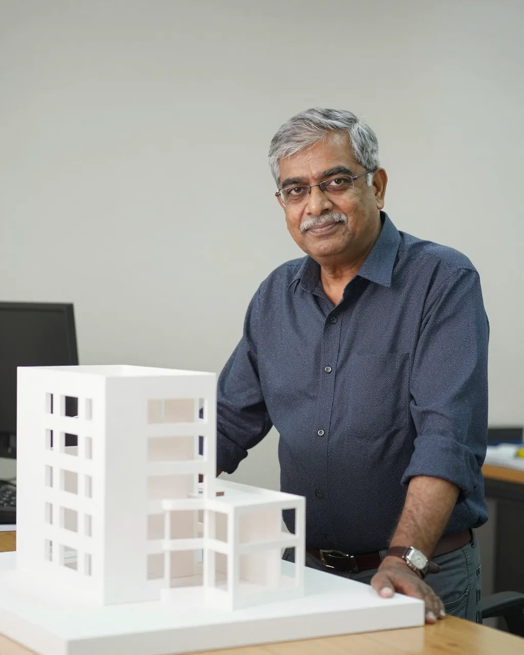 South Asian senior architect leans on a table beside a white architectural building model in a bright studio