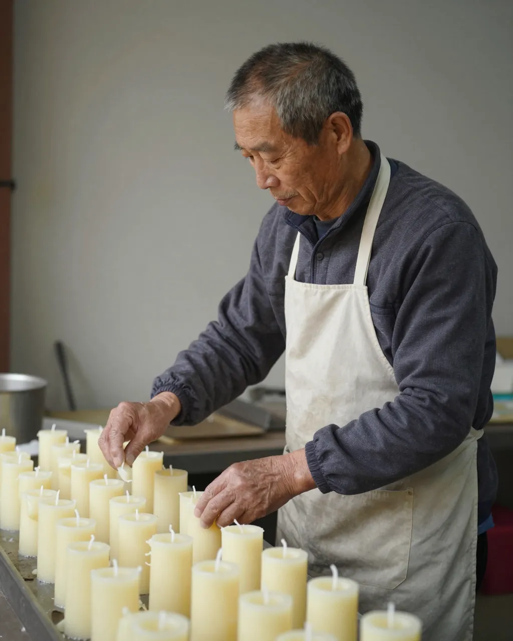 Side view of an older East Asian man in an apron working with rows of unfinished candles in a small workshop