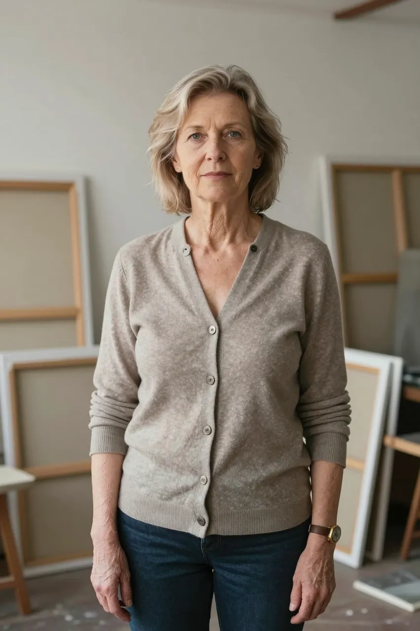 Older woman in a beige cardigan stands in an artist loft with leaning blank canvases in the background