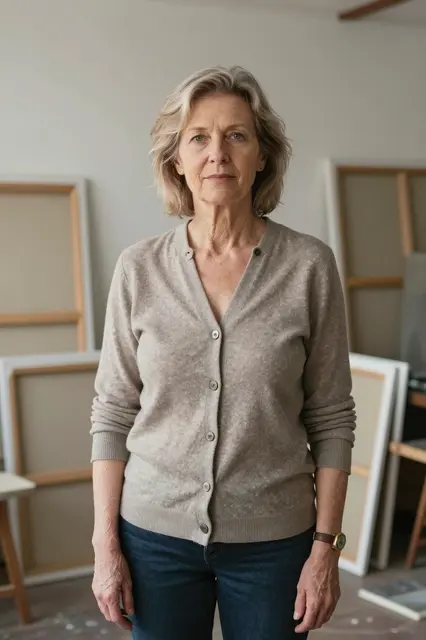 Older woman in a beige cardigan stands in an artist loft with leaning blank canvases in the background