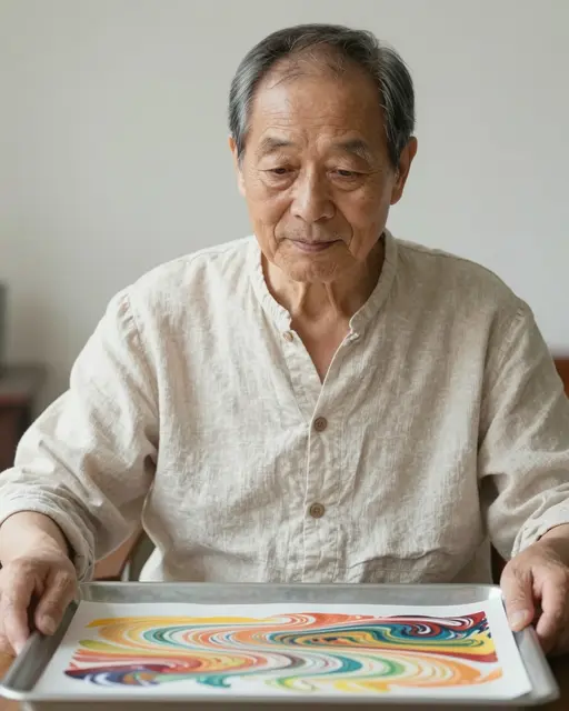 Elderly East Asian man holds a metal tray with finished marbled paper artwork