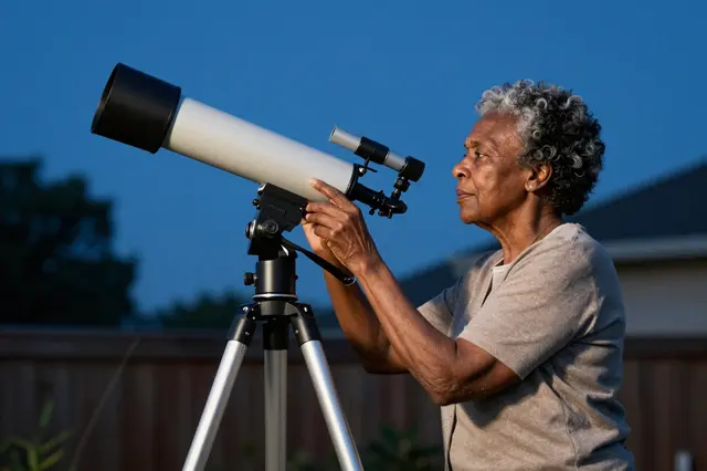 Side view of a senior Black woman adjusting a backyard telescope under a deep blue dusk sky