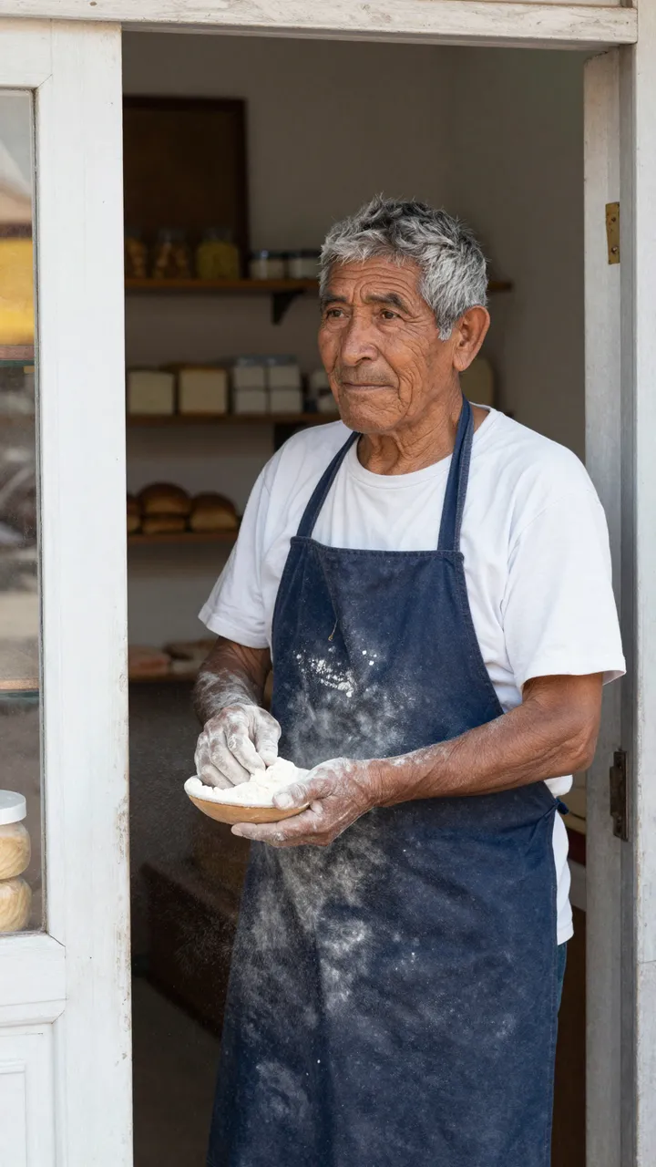 Elderly Indigenous baker dusted with flour stands in his bakery doorway holding a small bowl of flour.