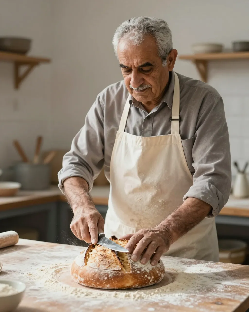 An older Middle Eastern man in a flour-dusted apron scores a round sourdough loaf with a small blade in soft morning kitchen